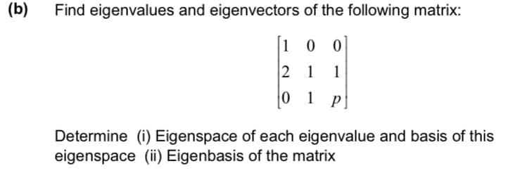 (b)
Find eigenvalues and eigenvectors of the following matrix:
10 0
2 1
1
0 1
Determine (i) Eigenspace of each eigenvalue and basis of this
eigenspace (ii) Eigenbasis of the matrix
