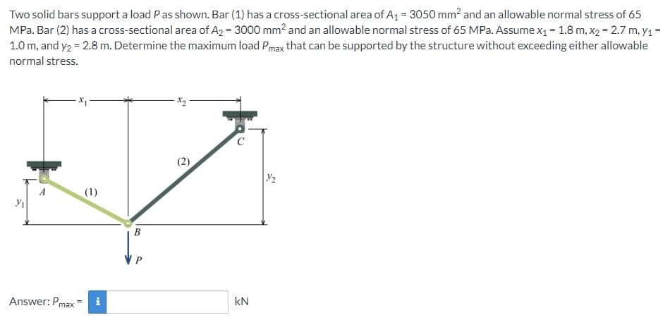 Two solid bars support a load P as shown. Bar (1) has a cross-sectional area of A₁ = 3050 mm² and an allowable normal stress of 65
MPa. Bar (2) has a cross-sectional area of A₂ = 3000 mm² and an allowable normal stress of 65 MPa. Assume x₁ = 1.8 m, x₂ = 2.7 m, y₁=
1.0 m, and y2 = 2.8 m. Determine the maximum load Pmax that can be supported by the structure without exceeding either allowable
normal stress.
Y₁
A
(1)
Answer: Pmax= i
B
P
(2)
kN