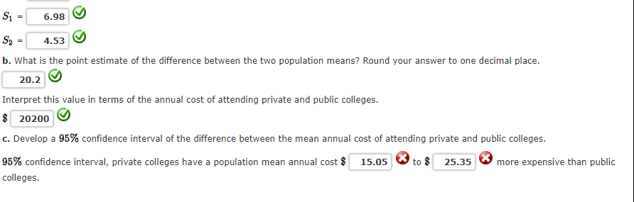 S₁
=
6.98
S₂
4.53
b. What is the point estimate of the difference between the two population means? Round your answer to one decimal place.
20.2
Interpret this value in terms of the annual cost of attending private and public colleges.
$ 20200
c. Develop a 95% confidence interval of the difference between the mean annual cost of attending private and public colleges.
95% confidence interval, private colleges have a population mean annual cost $ 15.05 to $ 25.35 more expensive than public
colleges.