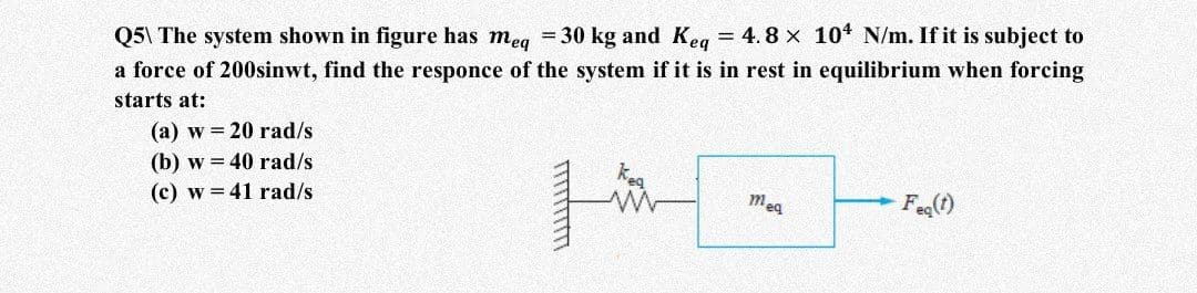 Q5\ The system shown in figure has meg =30 kg and Keg = 4.8 x 104 N/m. If it is subject to
a force of 200sinwt, find the responce of the system if it is in rest in equilibrium when forcing
starts at:
(a) w = 20 rad/s
(b) w = 40 rad/s
(c) w = 41 rad/s
mea
Feg(t)
