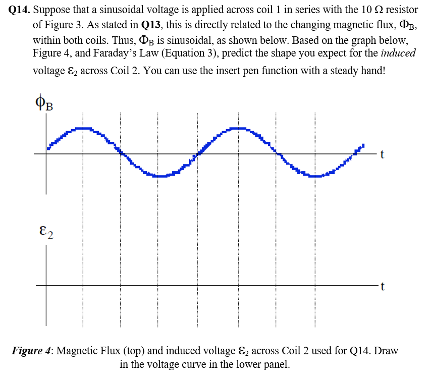 Q14. Suppose that a sinusoidal voltage is applied across coil 1 in series with the 10 Q resistor
of Figure 3. As stated in Q13, this is directly related to the changing magnetic flux, OB,
within both coils. Thus, OB is sinusoidal, as shown below. Based on the graph below,
Figure 4, and Faraday's Law (Equation 3), predict the shape you expect for the induced
voltage E, across Coil 2. You can use the insert pen function with a steady hand!
Фв
E2
t
Figure 4: Magnetic Flux (top) and induced voltage Ɛ, across Coil 2 used for Q14. Draw
in the voltage curve in the lower panel.
