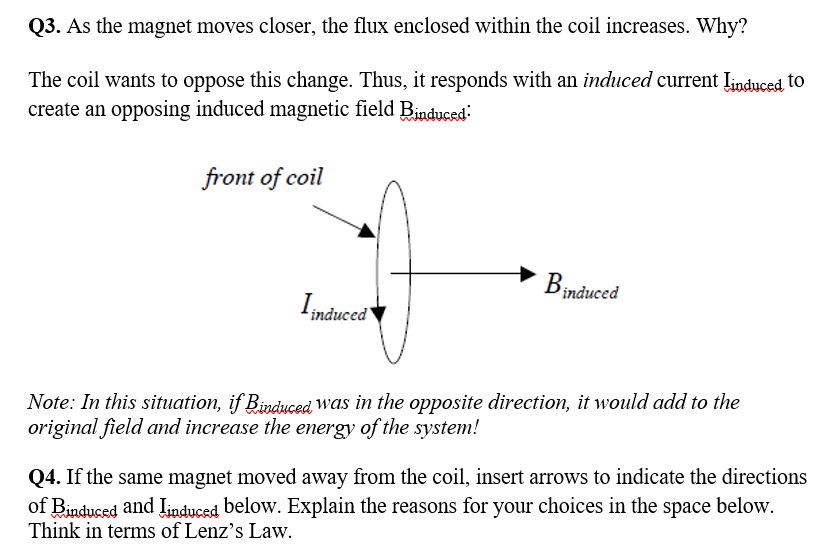 Q3. As the magnet moves closer, the flux enclosed within the coil increases. Why?
The coil wants to oppose this change. Thus, it responds with an induced current Ilinduced to
create an opposing induced magnetic field Binduced:
front of coil
Binduced
induced
Note: In this situation, if Binduced, was in the opposite direction, it would add to the
original field and increase the energy of the system!
Q4. If the same magnet moved away from the coil, insert arrows to indicate the directions
of Binduced and Iinduced below. Explain the reasons for your choices in the space below.
Think in terms of Lenz's Law.
