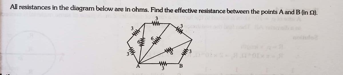 All resistances in the diagram below are in ohms. Find the effective resistance between the points A and B (in Q).
3
B
3
