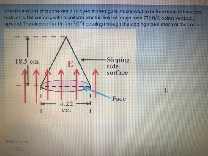 The dimensions of a cone are displayed in the figure. As shown, the bottom face of the cone
rests on a flat surface, with a uniform electric field of magnitude 732 N/C points vertically
upward. The electric flux (in N-m2.C") passing through the sloping side surface of the cone is:
Sloping
side
surface
18.5 cm
E
47
Face
4.22
cm
