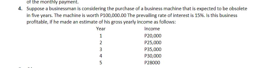 of the monthly payment.
4. Suppose a businessman is considering the purchase of a business machine that is expected to be obsolete
in five years. The machine is worth P100,000.00 The prevailing rate of interest is 15%. Is this business
profitable, if he made an estimate of his gross yearly income as follows:
Income
Year
1
P20,000
P25,000
P35,000
P30,000
P28000
~ 34
2
4
5