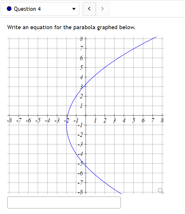 • Question 4
>
Write an equation for the parabola graphed below.
7t
-8 -7 -6 -5 -4 -3 -Þ -1
-1
2 3 4 5 6 7 8
-2
-3-
-4
-6
-7
-8
