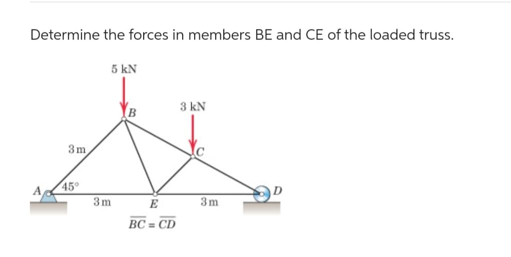Determine the forces in members BE and CE of the loaded truss.
A
3m
45°
5 kN
3m
B
E
BC = CD
3 kN
3m
D