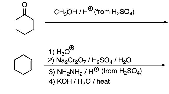 CH3OH / H° (from H2SO4)
1) H,0°
2) Na,Cr,07 / H,O4/ H20
3) NH2NH2 / H (from H2SO4)
4) КОН /Н2О Theat
