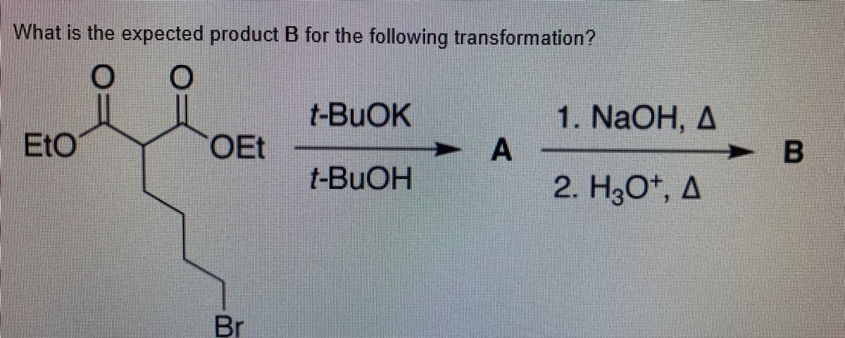What is the expected product B for the following transformation?
O O
tBuOK
EtO
OEt
A
t-BuOH
Br
1. NaOH, A
2. H3O+, A
B