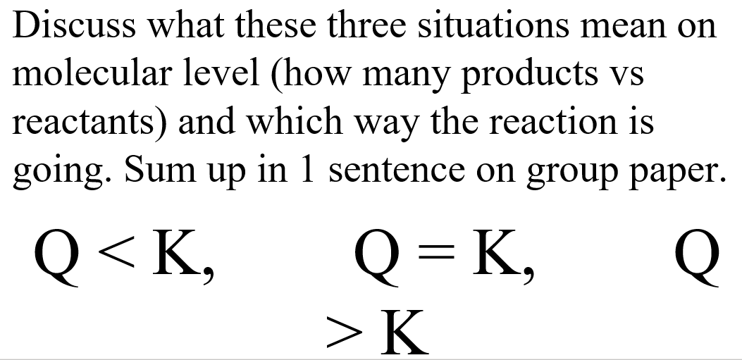 Discuss what these three situations mean on
molecular level (how many products vs
reactants) and which way the reaction is
going. Sum up in 1 sentence on group paper.
Q= K,
> K
Q<K,
Q
