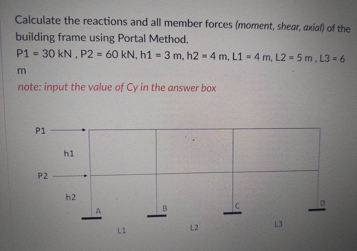 Calculate the reactions and all member forces (moment, shear, axial) of the
building frame using Portal Method.
P1 = 30 kN, P2 = 60 kN, h1 = 3 m, h2 = 4 m, L1 = 4 m, L2 = 5m, L3=6
m
note: input the value of Cy in the answer box
P1
P2
h1
h2
A
L1
B
L2
C
L3
D