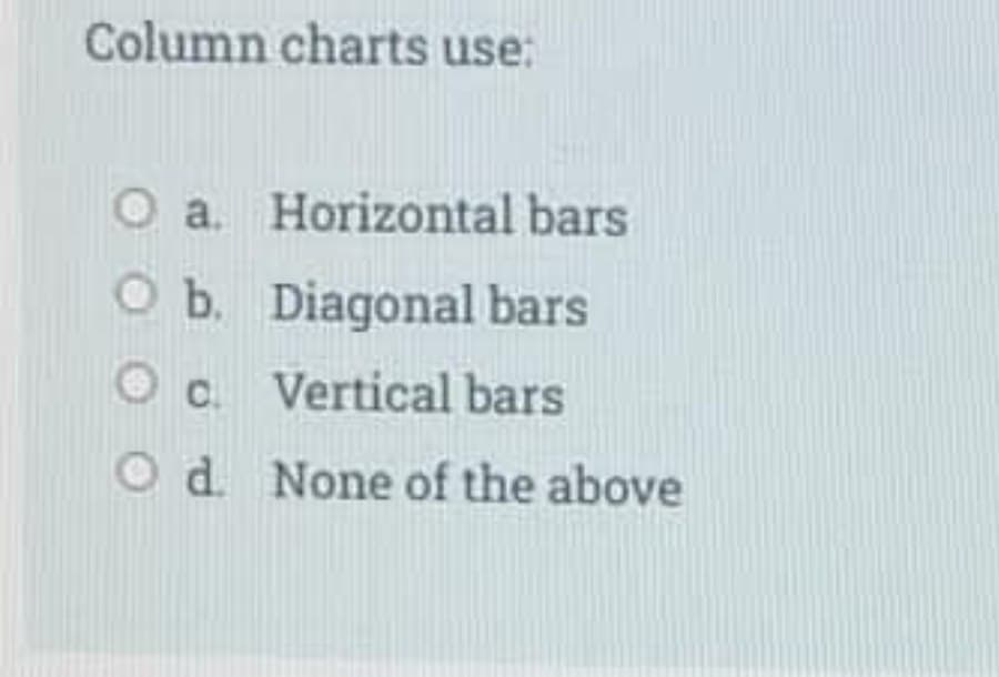 Column charts use:
Oa. Horizontal bars
O b. Diagonal bars
O c. Vertical bars
Od None of the above
