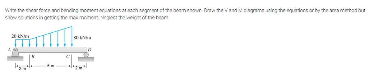 Write the shear force and bending moment equations at each segment of the beam shown. Draw the V and M diagrams using the equations or by the area method but
show solutions in getting the max moment. Neglect the weight of the beam.
20 kN/m
80 kN/m
D
AO
2 m
B
6 m
2 m