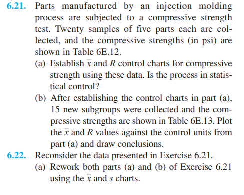 6.21. Parts manufactured by an injection molding
process are subjected to a compressive strength
test. Twenty samples of five parts each are col-
lected, and the compressive strengths (in psi) are
shown in Table 6E.12.
(a) Establish x and R control charts for compressive
strength using these data. Is the process in statis-
tical control?
(b) After establishing the control charts in part (a),
15 new subgroups were collected and the com-
pressive strengths are shown in Table 6E.13. Plot
the i and R values against the control units from
part (a) and draw conclusions.
6.22. Reconsider the data presented in Exercise 6.21.
(a) Rework both parts (a) and (b) of Exercise 6.21
using the x and s charts.
