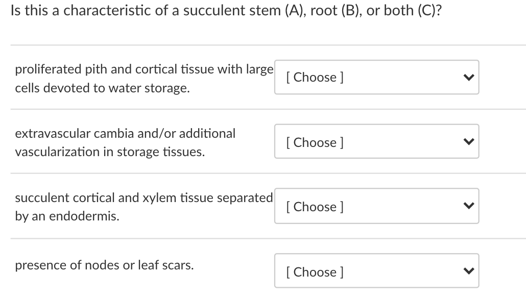 Is this a characteristic of a succulent stem (A), root (B), or both (C)?
proliferated pith and cortical tissue with large
[ Choose ]
cells devoted to water storage.
extravascular cambia and/or additional
[ Choose ]
vascularization in storage tissues.
succulent cortical and xylem tissue separated
[ Choose ]
by an endodermis.
presence of nodes or leaf scars.
[ Choose ]
>
