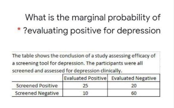 What is the marginal probability of
?evaluating positive for depression
The table shows the conclusion of a study assessing efficacy of
a screening tool for depression. The participants were all
screened and assessed for depression clinically.
Evaluated Positive Evaluated Negative
25
20
Screened Positive
Screened Negative
60
10
