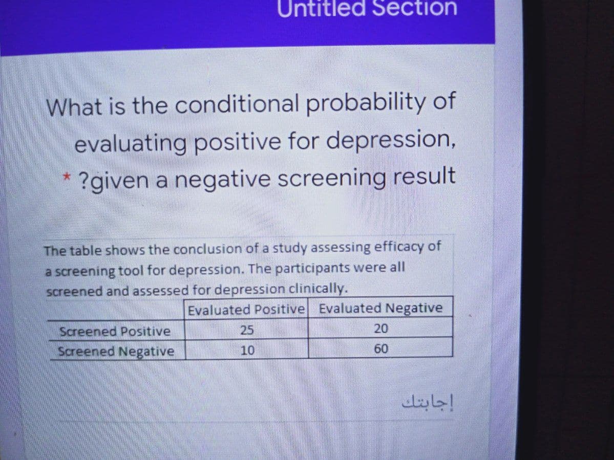 Untitled Section
What is the conditional probability of
evaluating positive for depression,
?given a negative screening result
The table shows the conclusion of a study assessing efficacy of
a screening tool for depression. The participants were all
screened and assessed for depression clinically.
Evaluated Positive Evaluated Negative
Screened Positive
25
20
Screened Negative
10
60
إجابتك
