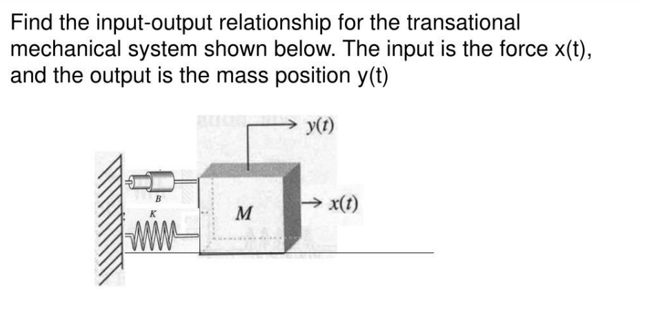 Find the input-output relationship for the transational
mechanical system shown below. The input is the force x(t),
and the output is the mass position y(t)
y(t)
B
M
K