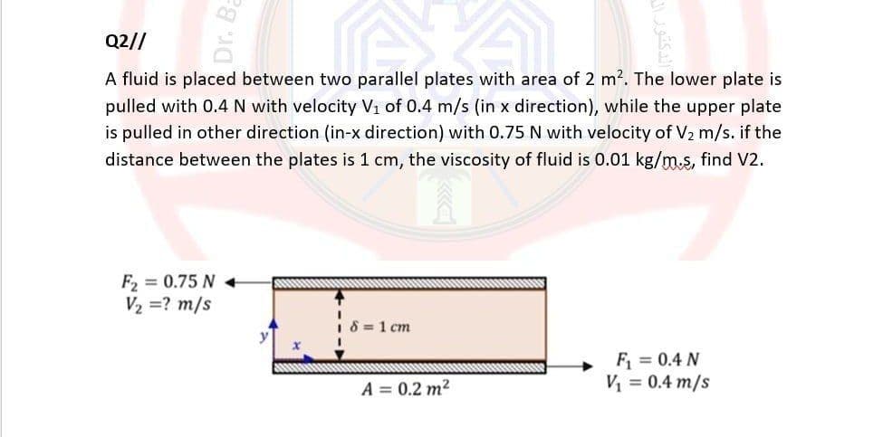 Dr. Ba
Q2//
A fluid is placed between two parallel plates with area of 2 m². The lower plate is
pulled with 0.4 N with velocity V₁ of 0.4 m/s (in x direction), while the upper plate
is pulled in other direction (in-x direction) with 0.75 N with velocity of V₂ m/s. if the
distance between the plates is 1 cm, the viscosity of fluid is 0.01 kg/m.s, find V2.
F₂=0.75 N +
V₂ = ? m/s
L8=làm
A = 0.2 m²
F₁ = 0.4 N
V₁ = 0.4 m/s