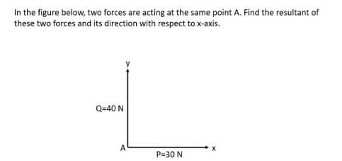In the figure below, two forces are acting at the same point A. Find the resultant of
these two forces and its direction with respect to x-axis.
Q=40 N
A
P=30 N
