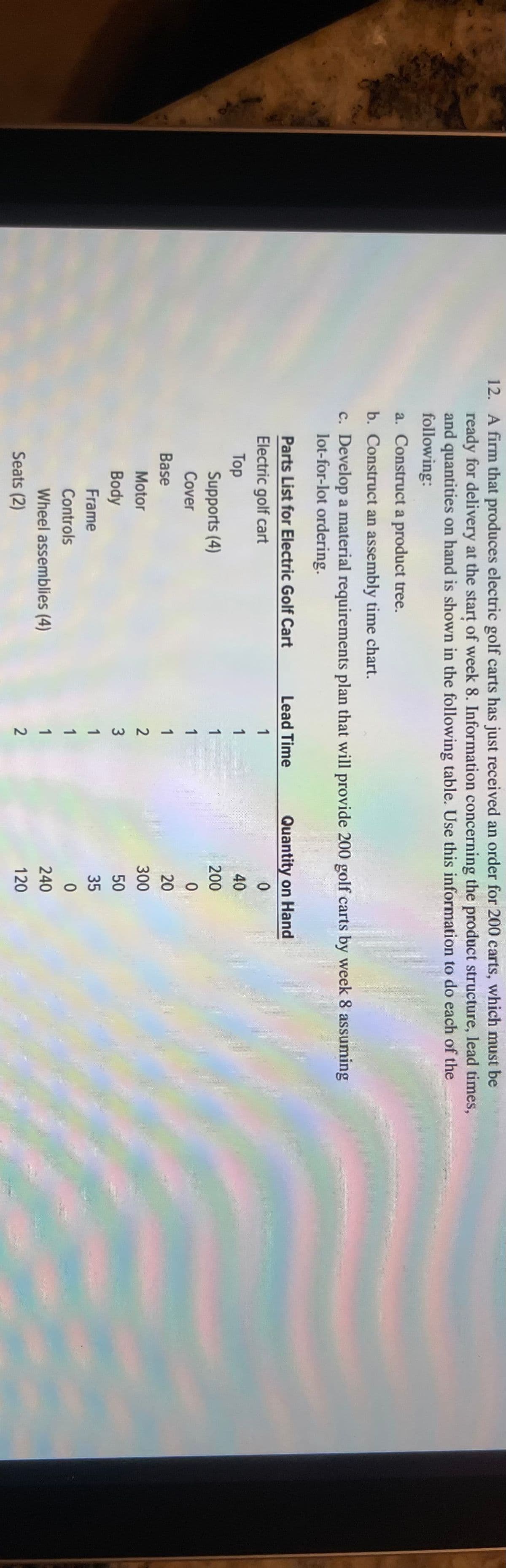 12. A firm that produces electric golf carts has just received an order for 200 carts, which must be
ready for delivery at the start of week 8. Information concerning the product structure, lead times,
and quantities on hand is shown in the following table. Use this information to do each of the
following:
a. Construct a product tree.
b. Construct an assembly time chart.
c. Develop a material requirements plan that will provide 200 golf carts by week 8 assuming
lot-for-lot ordering.
Parts List for Electric Golf Cart
Lead Time
Quantity on Hand
Electric golf cart
1
Тop
1
40
Supports (4)
1
200
Cover
1
Base
1
20
Motor
2
300
Body
50
Frame
1
35
Controls
1
Wheel assemblies (4)
1
240
Seats (2)
120
