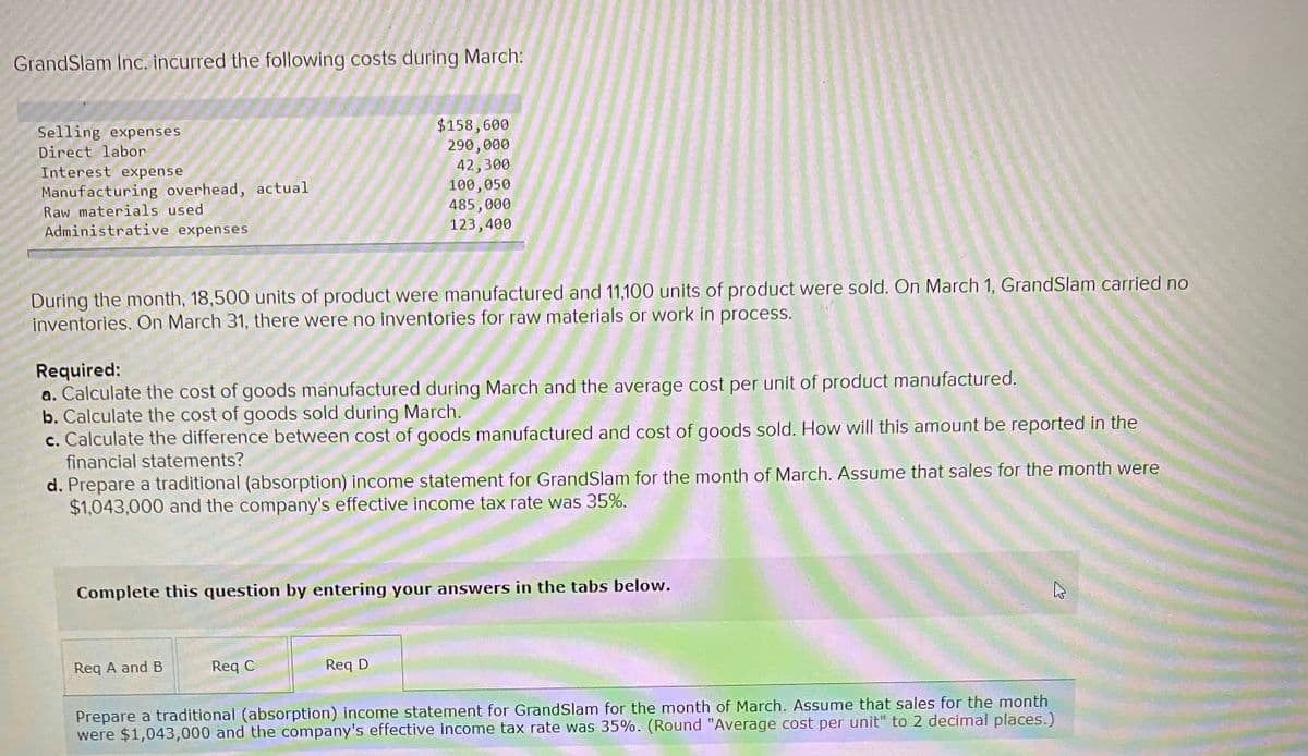 GrandSlam Inc. incurred the following costs during March:
$158,600
290,000
42,300
100,050
485,000
123,400
Selling expenses
Direct labor
Interest expense
Manufacturing overhead, actual
Raw materials used
Administrative expenses
During the month, 18,500 units of product were manufactured and 11,100 units of product were sold. On March 1, GrandSlam carried no
inventories. On March 31, there were no inventories for raw materials or work in process.
Required:
a. Calculate the cost of goods manufactured during March and the average cost per unit of product manufactured.
b. Calculate the cost of goods sold during March.
c. Calculate the difference between cost of goods manufactured and cost of goods sold. How will this amount be reported in the
financial statements?
d. Prepare a traditional (absorption) income statement for GrandSlam for the month of March. Assume that sales for the month were
$1,043,000 and the company's effective income tax rate was 35%.
Complete this question by entering your answers in the tabs below.
Req A and B
Req C
Req D
Prepare a traditional (absorption) income statement for GrandSlam for the month of March. Assume that sales for the month
were $1,043,000 and the company's effective income tax rate was 35%. (Round "Average cost per unit" to 2 decimal places.)

