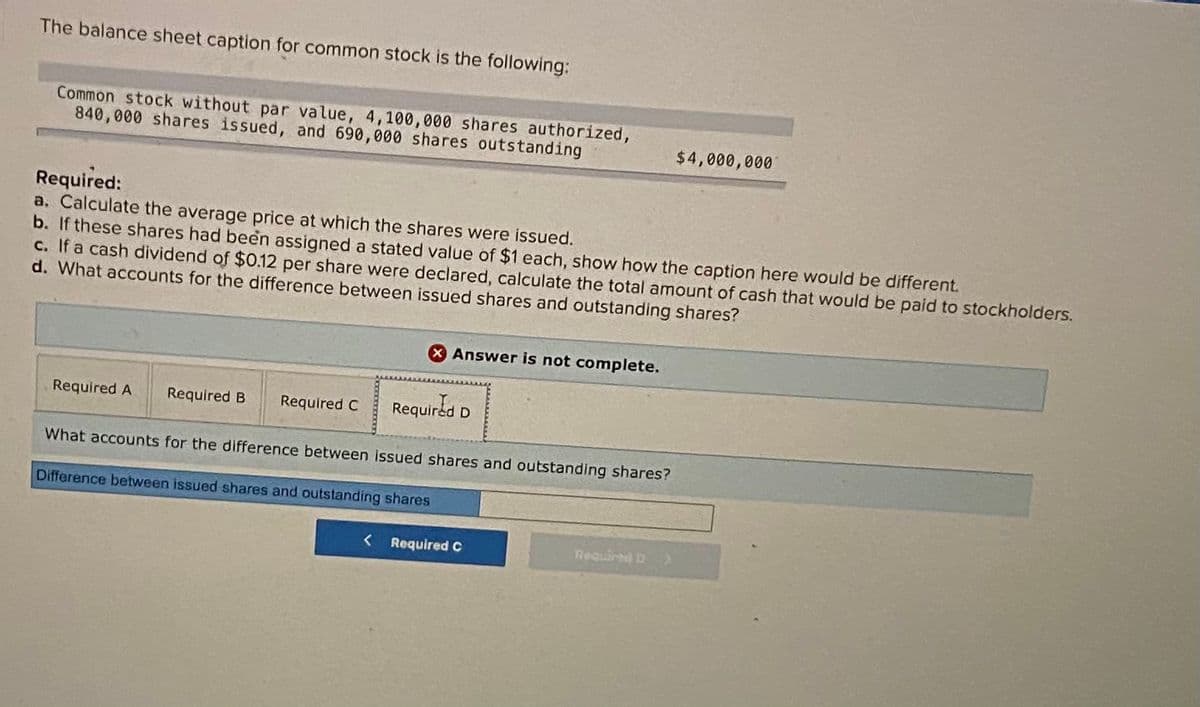 The balance sheet caption for common stock is the following:
Common stock without par value, 4,100,000 shares authorized,
840,000 shares issued, and 690,000 shares outstanding
$4,000,000
Required:
a. Calculate the average price at which the shares were issued.
b. If these shares had been assigned a stated value of $1 each, show how the caption here would be different.
C. If a cash dividend of $0.12 per share were declared, calculate the total amount of cash that would be paid to stockholders.
d. What accounts for the difference between issued shares and outstanding shares?
X Answer is not complete.
Required A
Required B
Required C
Required D
What accounts for the difference between issued shares and outstanding shares?
Difference between issued shares and outstanding shares
< Required C
Required D
