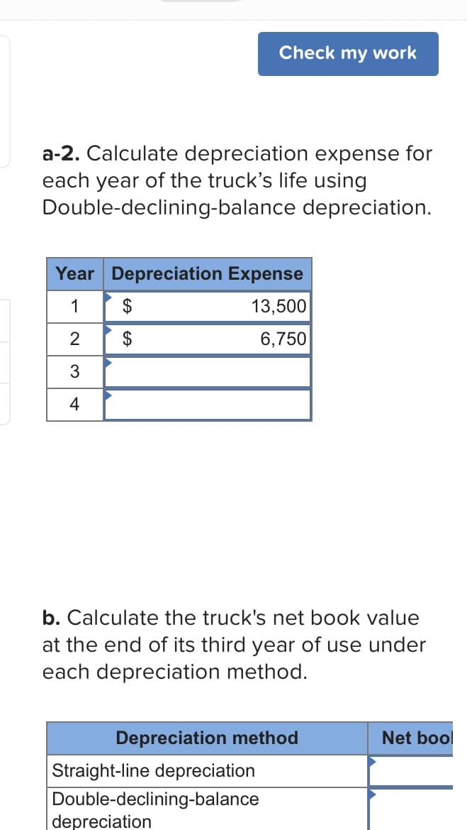 Check my work
a-2. Calculate depreciation expense for
each year of the truck's life using
Double-declining-balance depreciation.
Year Depreciation Expense
1
$
13,500
2
$
6,750
b. Calculate the truck's net book value
at the end of its third year of use under
each depreciation method.
Depreciation method
Net bool
Straight-line depreciation
Double-declining-balance
depreciation
%24
4.
