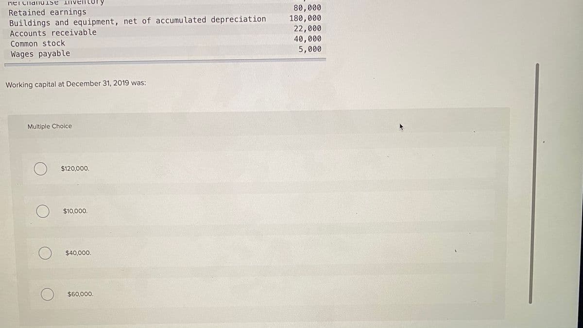 nanaise Inventory
8০, ০০০
180,000
22,000
40,000
5,000
Retained earnings
Buildings and equipment, net of accumulated depreciation
Accounts receivable
Common stock
Wages payable
Working capital at December 31, 2019 was:
Multiple Choice
$120,000.
$10,000.
$40,000.
$60,000.
