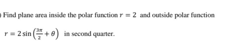 O Find plane area inside the polar function r = 2 and outside polar function
r = 2 sin (*+ 0) in second quarter.
