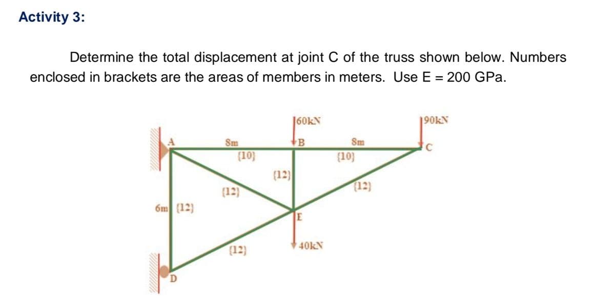 Activity 3:
Determine the total displacement at joint C of the truss shown below. Numbers
enclosed in brackets are the areas of members in meters. Use E = 200 GPa.
6m (12)
Sm
{10}
(12)
(12)
(12)
160k)
B
E
40kN
8m
(10)
(12)
190KN
C