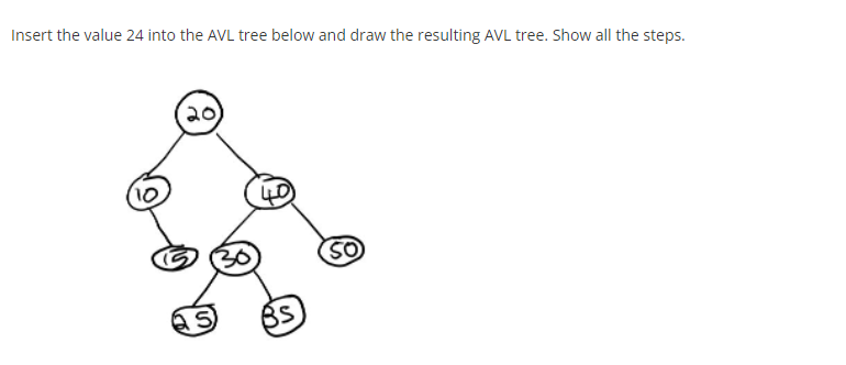 Insert the value 24 into the AVL tree below and draw the resulting AVL tree. Show all the steps.
20
30
SO
BS
