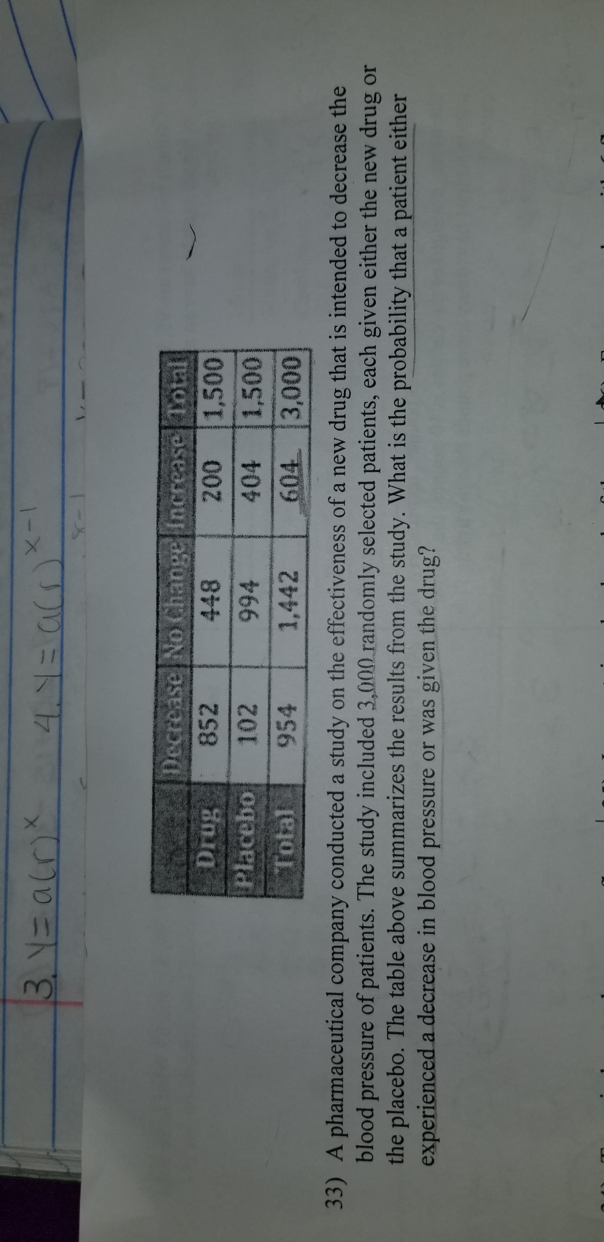 Decrease No Change Increase Total
852
448
1,500
Placebo
102
404
954
1,442
33) A pharmaceutical company conducted a study on the effectiveness of a new drug that is intended to decrease the
blood pressure of patients. The study included 3,000 randomly selected patients, each given either the new drug or
the placebo. The table above summarizes the results from the study. What is the probability that a patient either
experienced a decrease in blood pressure or was given the drug?
