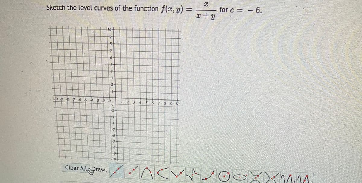Sketch the level curves of the function f(x, y)
ON
*C
In Mu
m N
17 Ke
SI
20
#
Clear All Draw: //^ <
7
x + y
for c= -6.
A