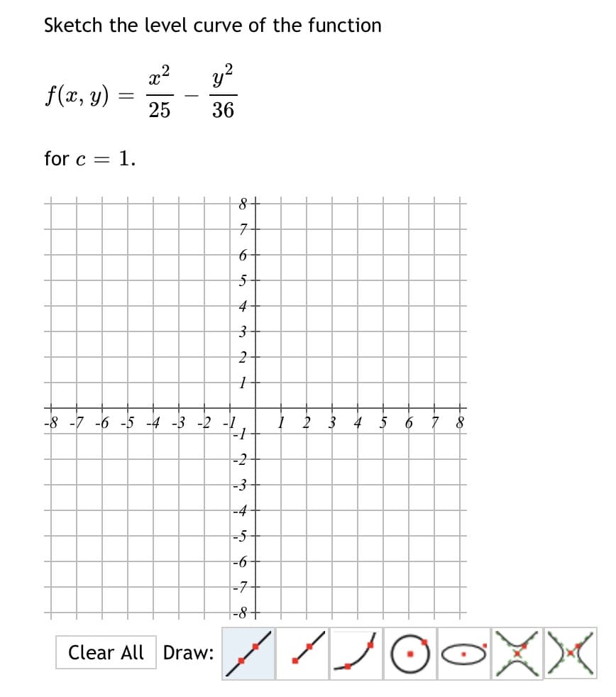 Sketch the level curve of the function
y?
f(x, y)
25
36
for c
7-
6-
5-
4-
-8 -7 -6 -5 -4 -3 -2 -1
3 4
6 7 8
-2
-3
=4
-6
-7-
-8+
Clear All Draw:
||
1.
