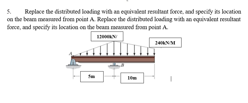 Replace the distributed loading with an equivalent resultant force, and specify its location
on the beam measured from point A. Replace the distributed loading with an equivalent resultant
5.
force, and specify its location on the beam measured from point A.
12000KN/
240KN/M
5m
10m
|
