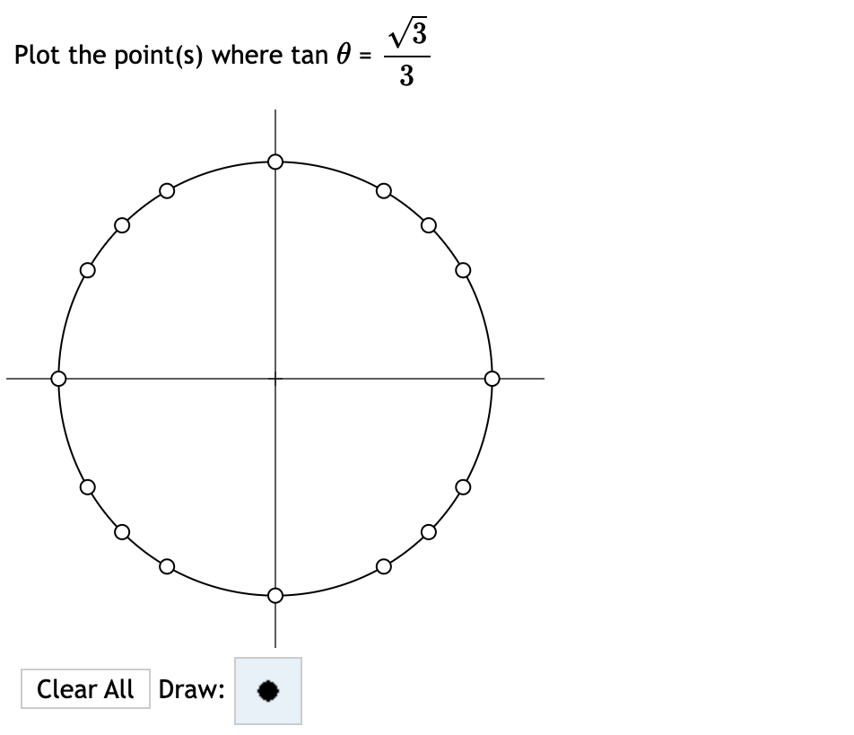 Plot the point (s) where tan 0 =
=
Clear All Draw:
√√3
3