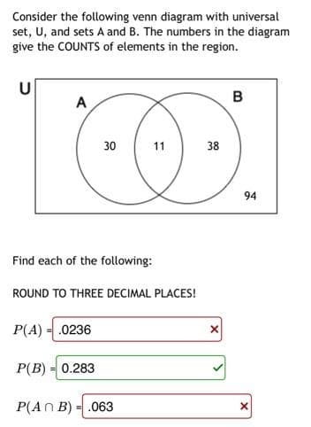 Consider the following venn diagram with universal
set, U, and sets A and B. The numbers in the diagram
give the COUNTS of elements in the region.
U
в
A
30
11
38
94
Find each of the following:
ROUND TO THREE DECIMAL PLACES!
P(A) = .0236
P(B) = 0.283
P(An B) -
-.063
