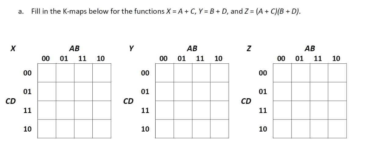 Fill in the K-maps below for the functions X = A + C, Y = B + D, and Z = (A + C)(B + D).
a.
АВ
Y
АВ
АВ
00
01
11
10
00
01
11
10
00
01
11
10
00
00
00
01
01
01
CD
CD
CD
11
11
11
10
10
10
