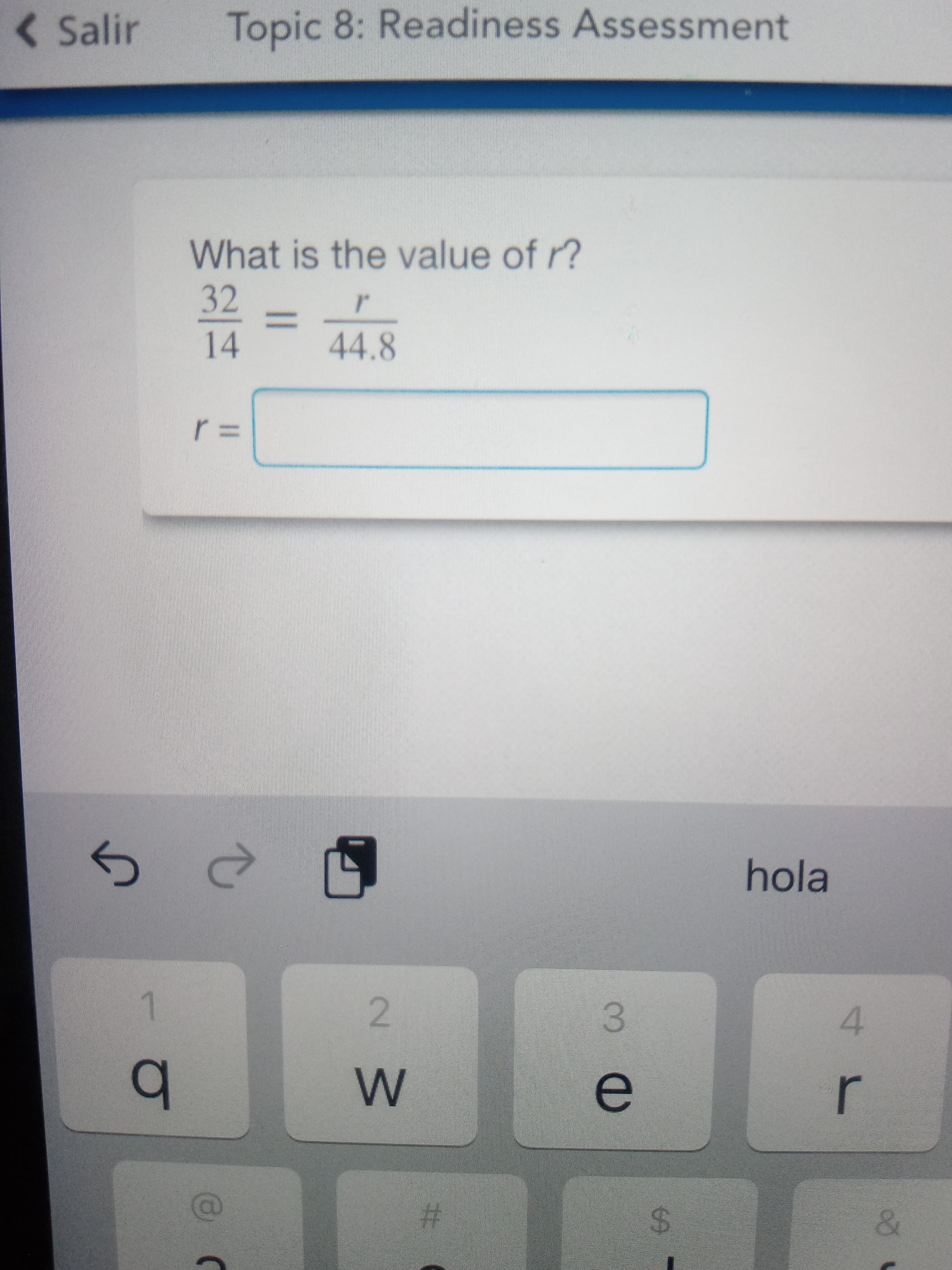 What is the value of r?
32
%3D
14
44.8
%3D
r
