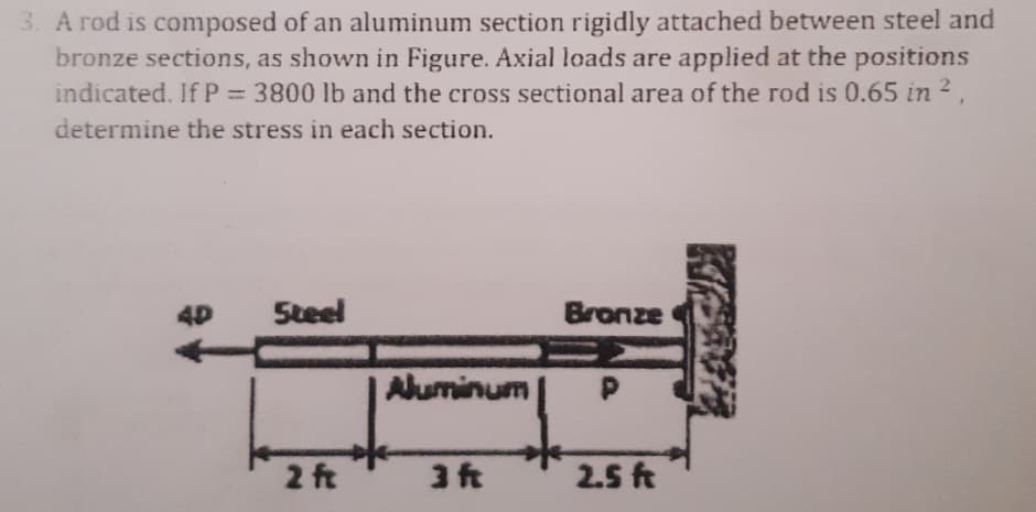 3. A rod is composed of an aluminum section rigidly attached between steel and
bronze sections, as shown in Figure. Axial loads are applied at the positions
indicated. If P 3800 lb and the cross sectional area of the rod is 0.65 in 2,
determine the stress in each section.
4D
Steel
Bronze
Aluminum
2 ft
3 ft
2.5 ft
