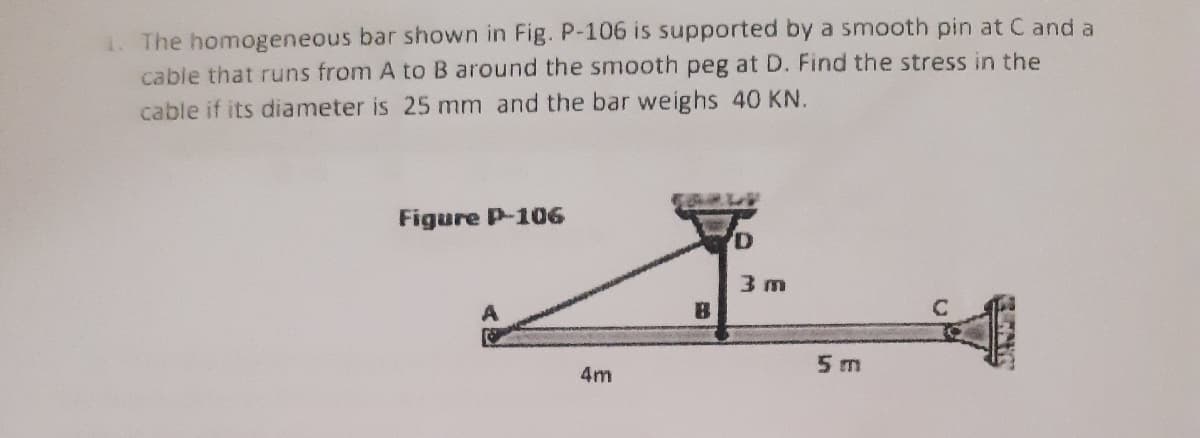 1. The homogeneous bar shown in Fig. P-106 is supported by a smooth pin at C and a
cable that runs from A to B around the smooth peg at D. Find the stress in the
cable if its diameter is 25 mm and the bar weighs 40 KN.
Figure P-106
3 m
5 m
4m
