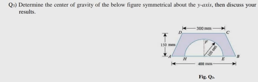 Q3) Determine the center of gravity of the below figure symmetrical about the y-axis, then discuss your
results.
- 300 mm -
150 mm
H
E
400 mm-
Fig. Q3.
