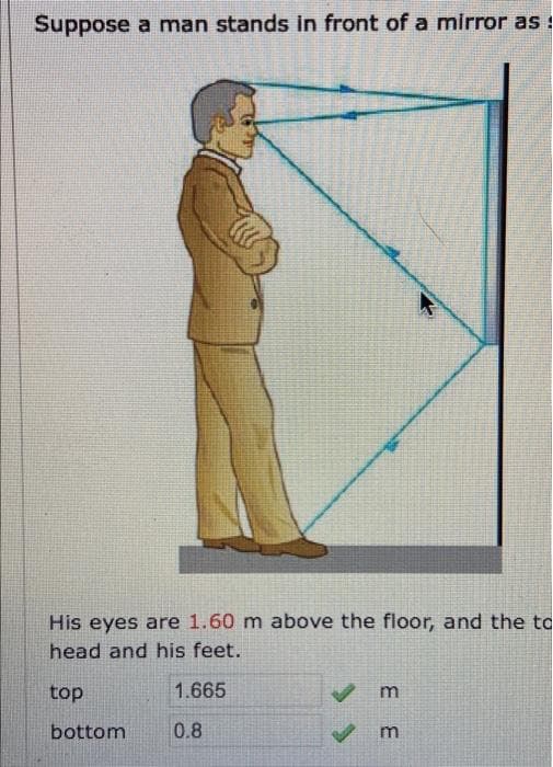 Suppose a man stands in front of a mirror as :
His eyes are 1.60 m above the floor, and the to
head and his feet.
top
1.665
m
bottom
0.8

