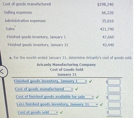 Cost of goods manufactured
Selling expenses
Administrative expenses
Sales
Finished goods inventory, January 1
Finished goods inventory, January 31
$198,240
66,220
35,010
421,790
47,660
43,440
a. For the month ended January 31, determine Aricanly's cost of goods sold.
Aricanly Manufacturing Company
Cost of Goods Sold
January 311
Finished goods inventory, January 1 - ✓
Cost of goods manufactured ✔
Cost of finished goods available for sale
Less finished goods inventory, January 31
Cost of goods sold
000001