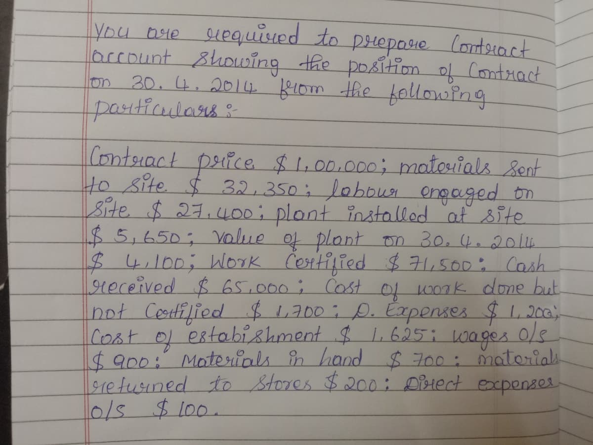 you osie uequised to prieposie
arcount Showing the position of Contract
30.4.2014 f1om the folowing
prepare.
Conteract
on
particulass:
Contsiact pece $1,00.000; matorials Sent
to Site $ 32,350; lobbui engaged on
Bite $ 27.4L00: plont installed at site
$5,650; Value of plont on 30, 4.2014
$44.100; Work
Heceived $ 65,000; Cost
yot Cestilied $1700:0.Expenses $L200
Cost of estabishment $ 1L, 625; 0/8
$900: Moterials in hand $700: materials
loreturined to Stores $200: 0tect expenser.
0/5 $100.
Contified $7,500: Cash
t Ol 1o0nk done but.
of
wages
