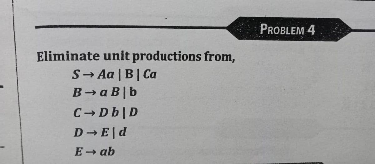 PROBLEM 4
Eliminate unit productions from,
S Aa | B| Ca
B→ a B|b
C Db|D
D E|d
E → ab
