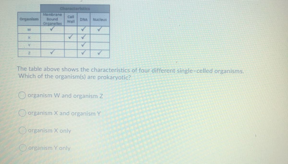 Characteristics
Membrane
Bound
Organelles
Cll
Wall
Orgenism
Nucleus
DNA
The table above shows the characteristics of four different single-celled organisms.
Which of the organism(s) are prokaryotic?
O organism W and organism Z
O organism X and organism Y
O organism X only
O organism Y only
