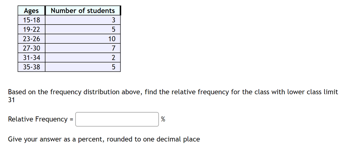 Ages
Number of students
15-18
3
19-22
5
23-26
10
27-30
7
31-34
2
35-38
Based on the frequency distribution above, find the relative frequency for the class with lower class limit
31
Relative Frequency =
%
%3D
Give your answer as a percent, rounded to one decimal place
