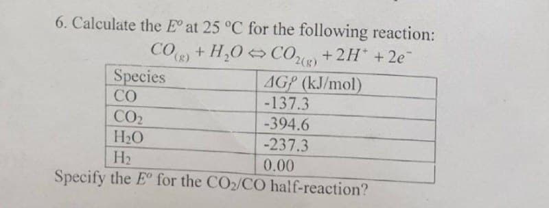 6. Calculate the E° at 25 °C for the following reaction:
CO) + H,0 CO +2H +2e
4GP (kJ/mol)
-137.3
-394.6
(8),
Species
CO
CO2
H2O
-237.3
H2
0.00
Specify the E° for the CO2/CO half-reaction?
